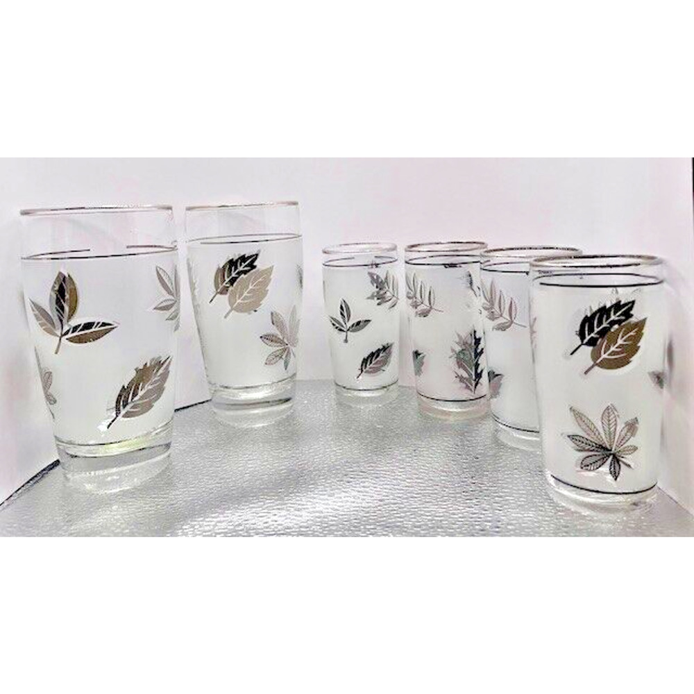 Libbey Metallic Silver Rim Frosted Leaf Glasses 2- 13oz Drink & 4 - 5oz Juice